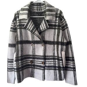 Rachel Zoe Women's Size MEDIUM Sweater Coat Jacket Black White Plaid Pockets
